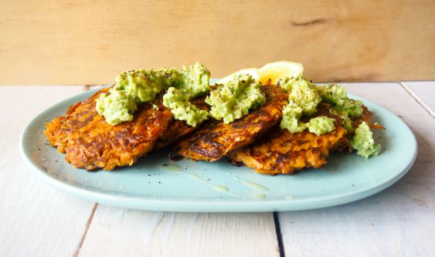 Paleo Shrimp Sweet Potato Cakes with Avocado Salsa - Heather Christo