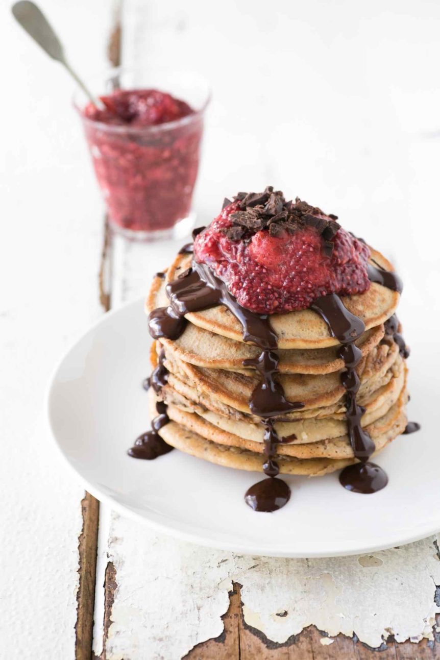 Choc chip pancakes with berry jam recipe | Best breakfast