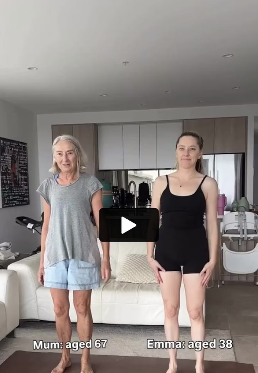Mum aged 67 and Emma aged 38 standing on a mat ready to do the sit on the floor and stand up test